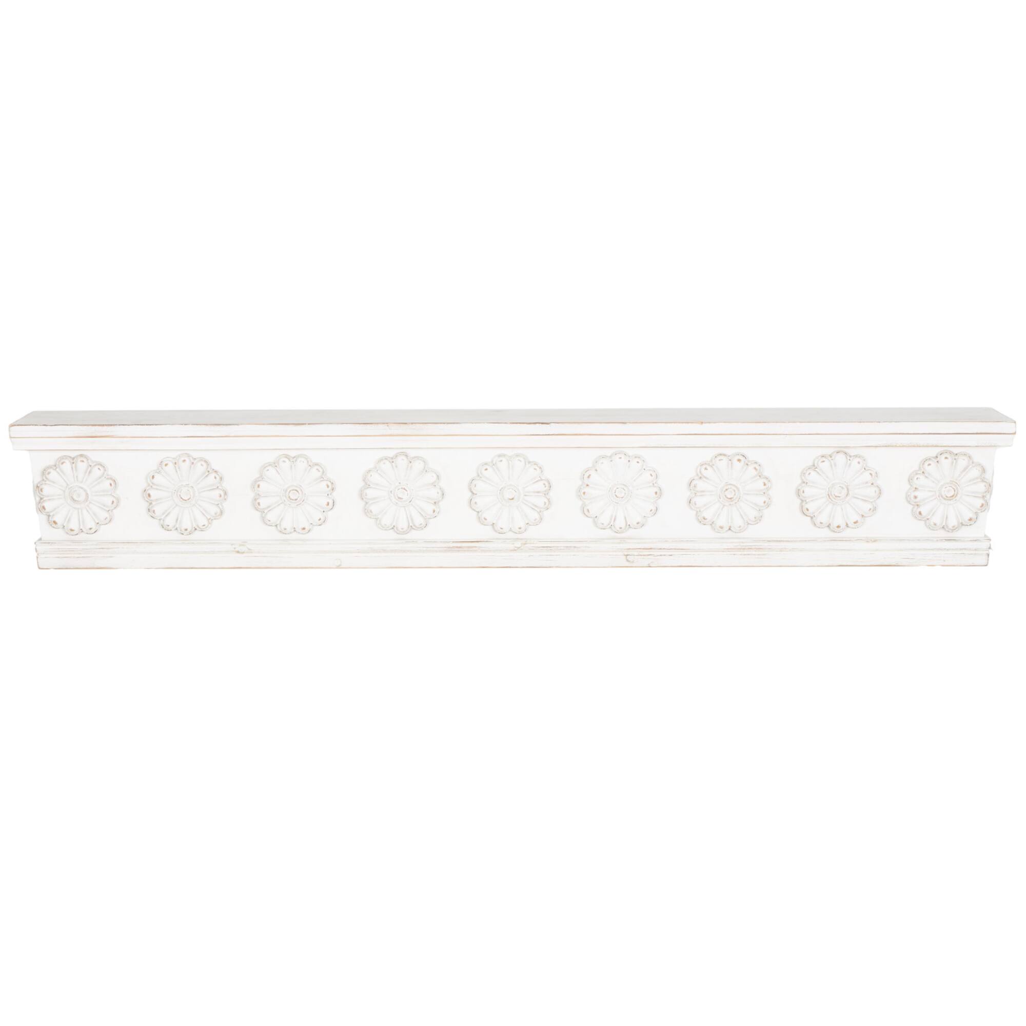 White Wooden Floral Room Wall Shelf with Brown Distressing